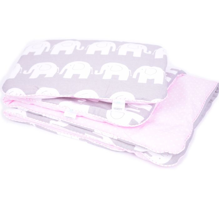 Komplektas vežimėliui "Elephants" pledas 60x75cm ir pagalvė 35x25cm rož.sp.