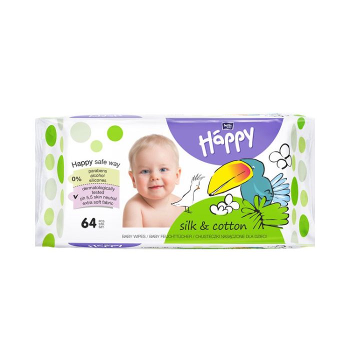 Drėgnos servetėlės Bella Happy "Silk&Cotton" 64vnt balt.sp.