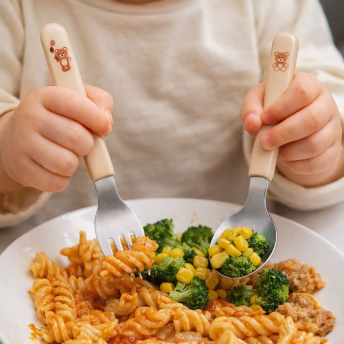 Babyono nerūdijančio plieno šaukštelis šakutė kreminis 1065/03