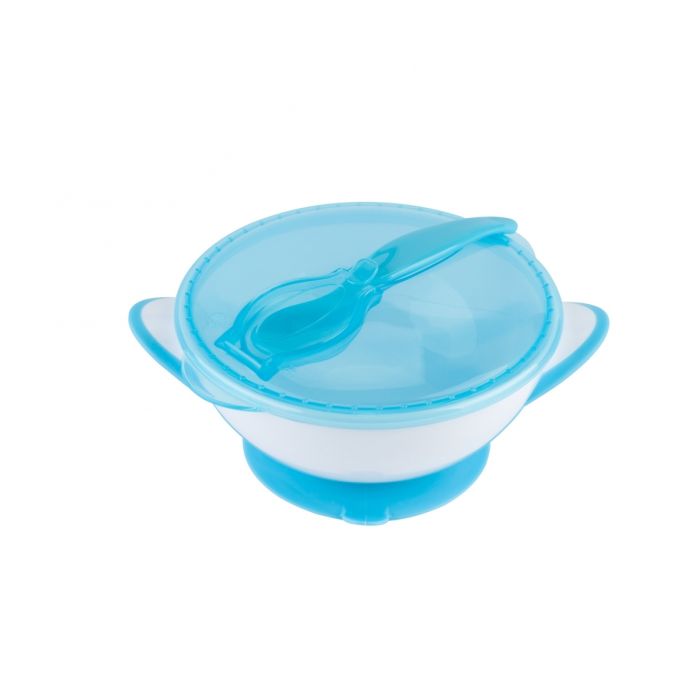 Lėkštė limpančiu dugnu su dangteliu ir šaukštu, mėlyna