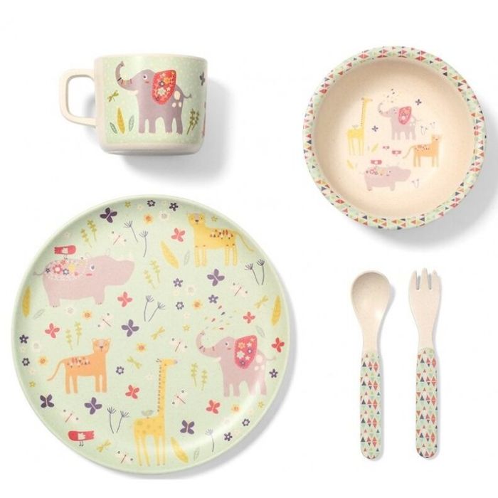 Indų ir įrankių rinkinys kūdikiui iš bambuko, žalias