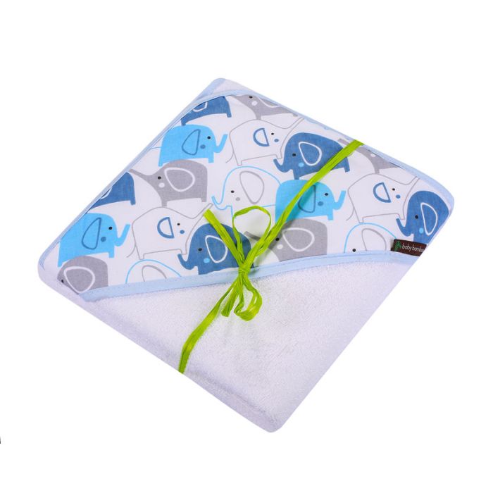 Bambukinis rankšluostis kūdikiui "Baby bamboo" su gobtuvu 100x100 cm  su drambliukais