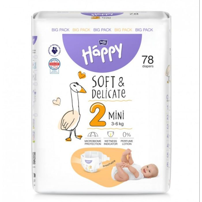 Sauskelnės kūdikiams BELLA Mini "2" 3-6 kg 78 vnt Soft&Delicate