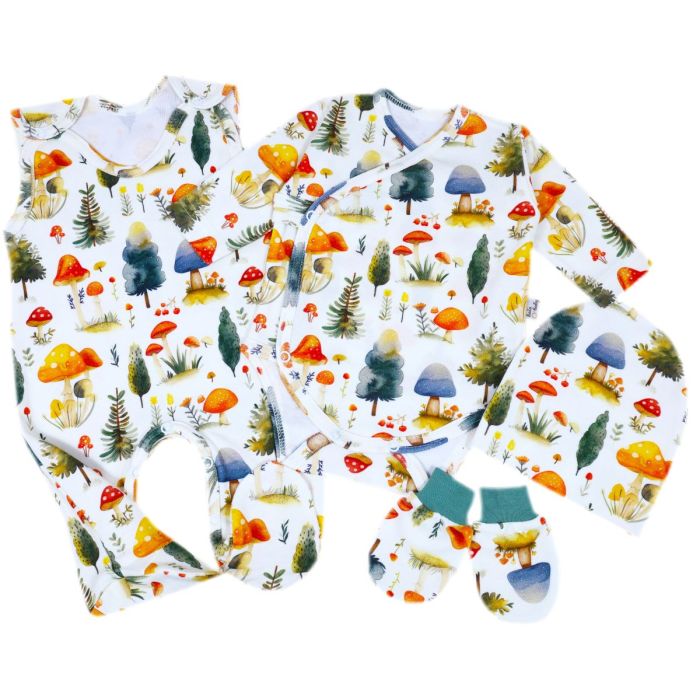 Kūdikio kraitelis - drabužėliai naujagimiui "Miško pasaka" 4 dalių