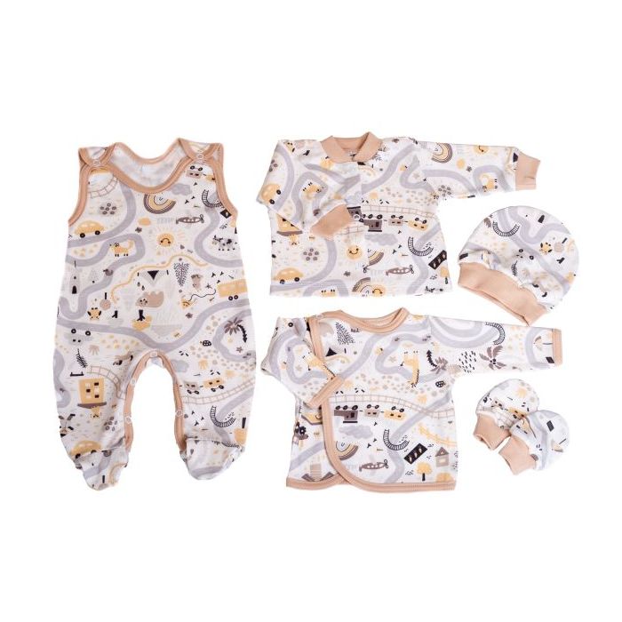 Kūdikio kraitelis - drabužėliai naujagimiui "Sunny days" 5 dalių smėlio spalvos