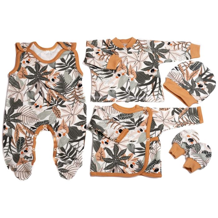 Kūdikio kraitelis - drabužėliai naujagimiui "Tropic" 5 dalių rudas