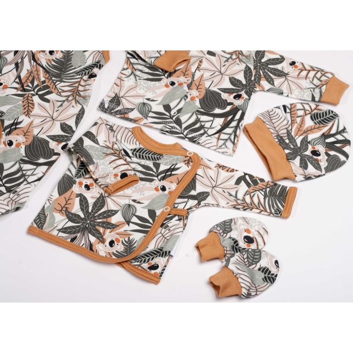 Kūdikio kraitelis - drabužėliai naujagimiui "Tropic" 5 dalių rudas