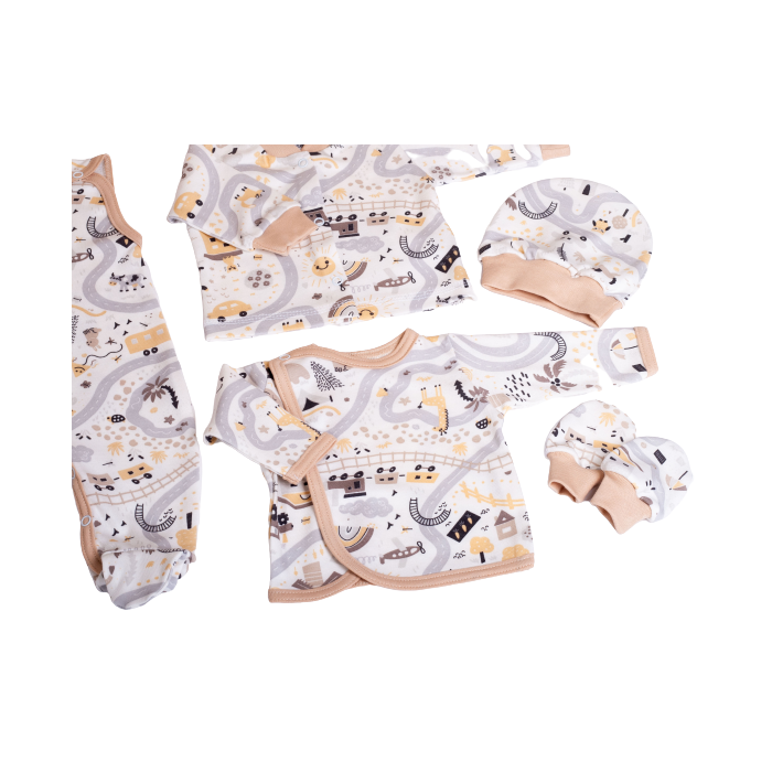 Kūdikio kraitelis - drabužėliai naujagimiui "Sunny days" 5 dalių smėlio spalvos