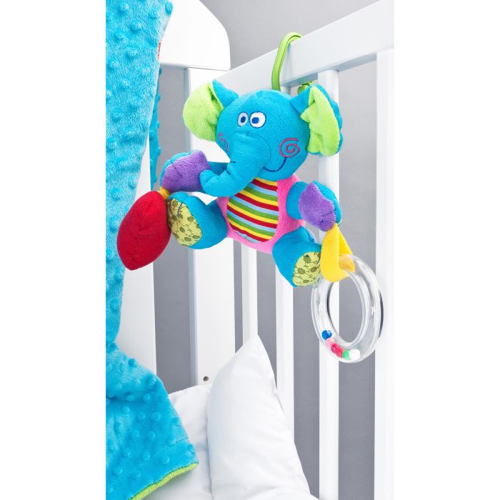 Minkštas edukacinis žaislas "Drambliukas" su vibrofunkcija ir barškučiu