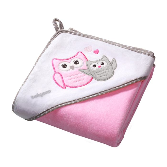 Rankšluostis kūdikiui "Owls" su gobtuvu 100X100cm "Velour" rožinis
