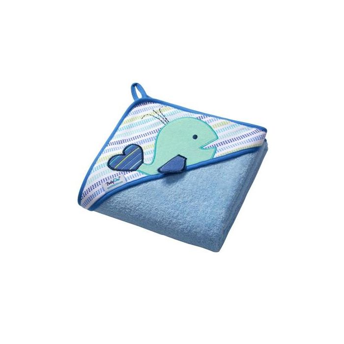 Rankšluostis kūdikiui "Banginis" su gobtuvu 100X100 cm "frotte" mėlynas