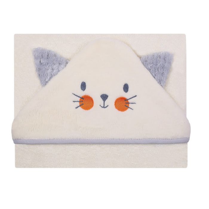Rankšluostis kūdikiui "Cat" su gobtuvu 100x100cm "frotte" šviesiai gelsvas