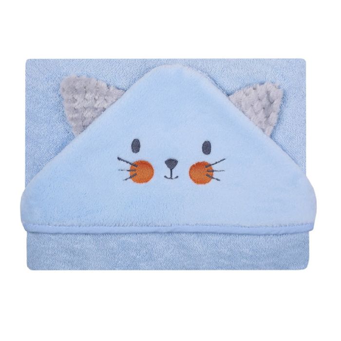 Rankšluostis kūdikiui "Cat" su gobtuvu 100x100cm "frotte" mėlynas