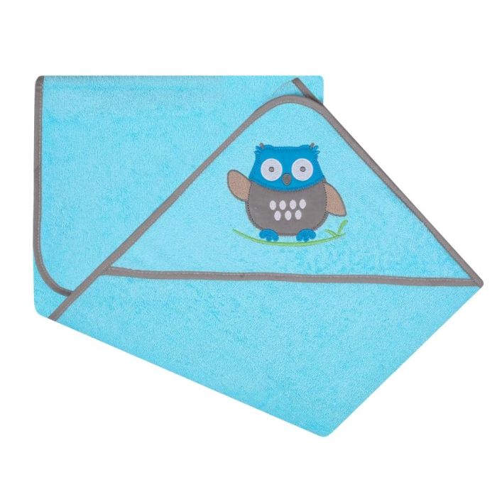 Rankšluostis kūdikiui "Happy Owl" su gobtuvu 100x100cm "frotte" meslvos spalvos