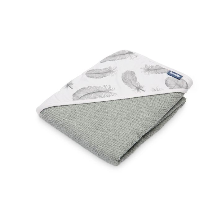 Rankšluostis kūdikiui "Feathers" su gobtuvu 100x100cm pilkas