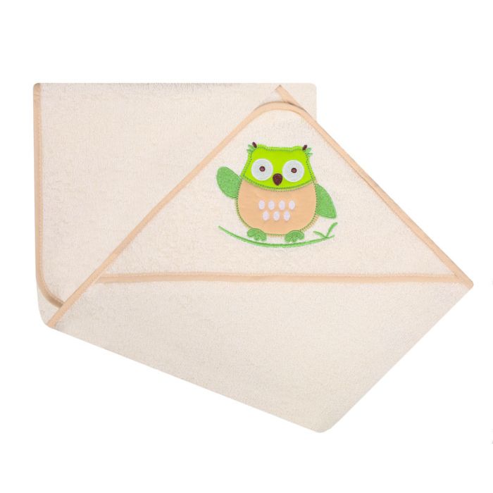 Rankšluostis kūdikiui "Owl" su gobtuvu 80x80cm smėlio spalvos