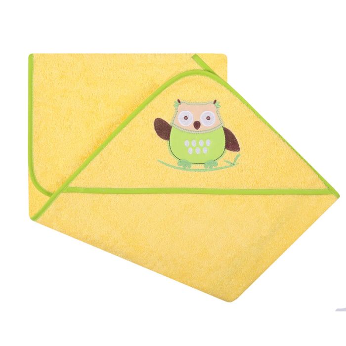 Rankšluostis kūdikiui "Owl" su gobtuvu 80x80cm geltonas