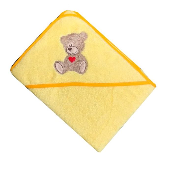 Rankšluostis kūdikiui "Teddy bear" su gobtuvu 100x100cm "frotte" geltonas
