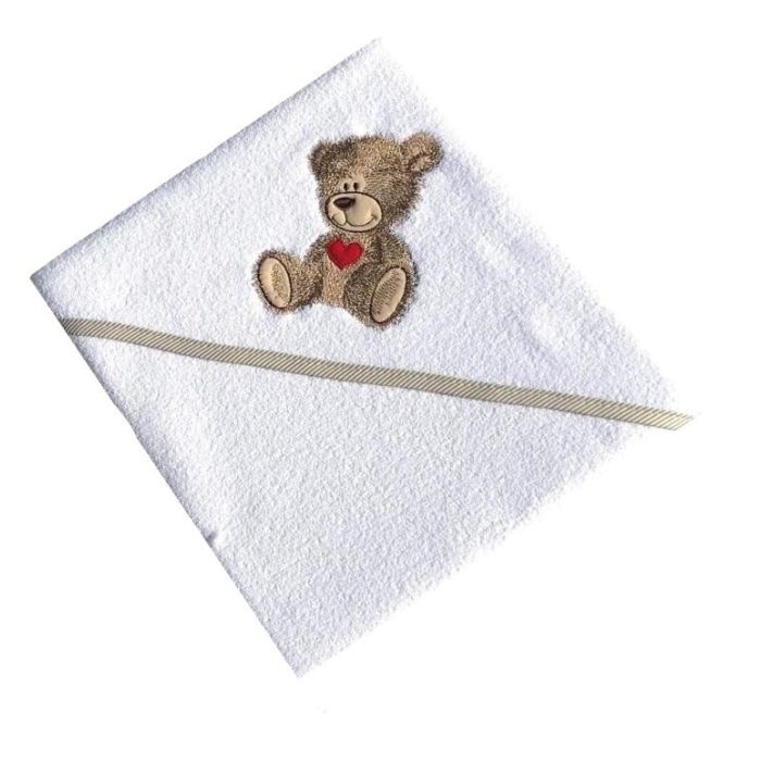 Rankšluostis kūdikiui "Teddy bear" su gobtuvu 100x100cm "frotte" baltos sp.