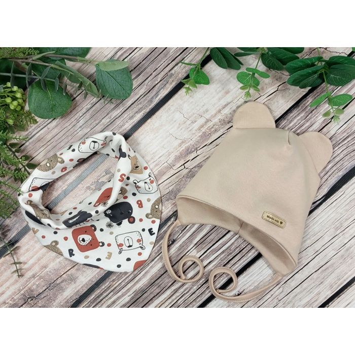 Kepurytė ir kaklaskarė kūdikiui "Love" - Beige bears
