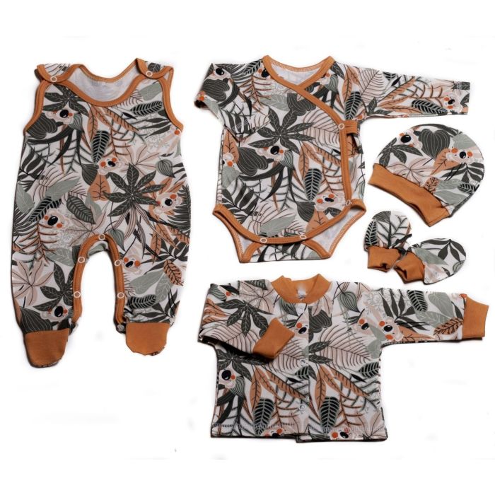 Kūdikio kraitelis - drabužėliai naujagimiui "Tropic" 5 dalių rudas