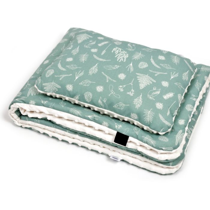 Komplektas vežimėliui "Leaves" pledas 60x75cm ir pagalvė 35x25cm 