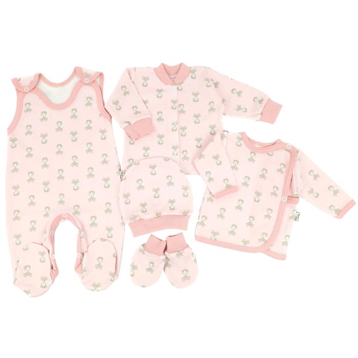 Kūdikio kraitelis - drabužėliai naujagimiui "Fox pink" 5 dalių