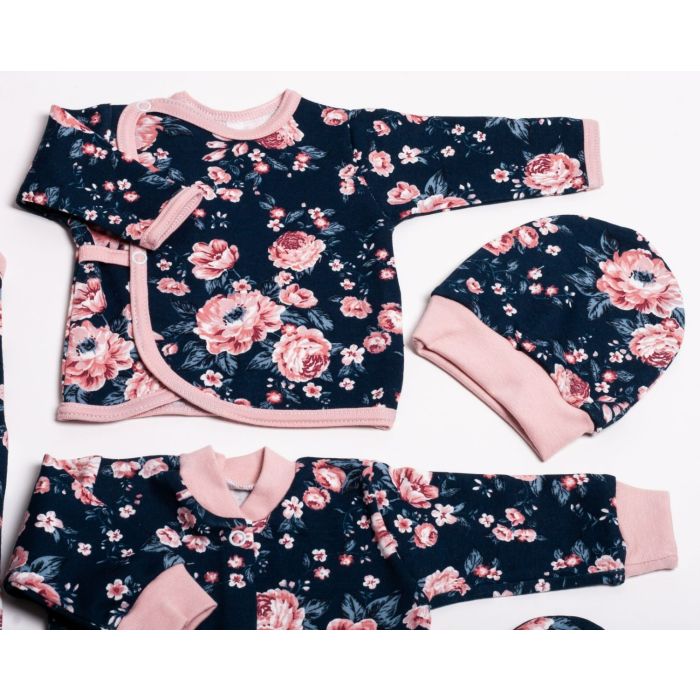Kūdikio kraitelis - drabužėliai naujagimiui "Flora  navy" 5 dalių 