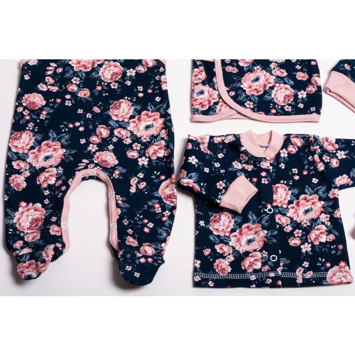 Kūdikio kraitelis - drabužėliai naujagimiui "Flora  navy" 5 dalių 
