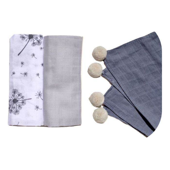 Muslino vystyklų rinkinys kūdikiams "Grey" su pomponais