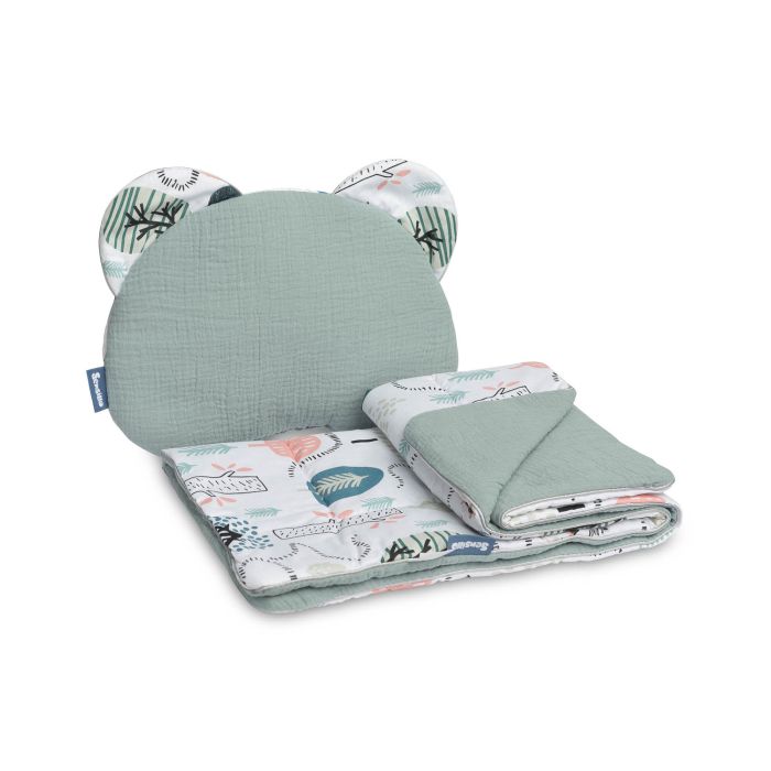 Muslino komplektas kūdikiui "Archie" pledas 56x76 cm ir pagalvė 38x28 cm žalios spalvos