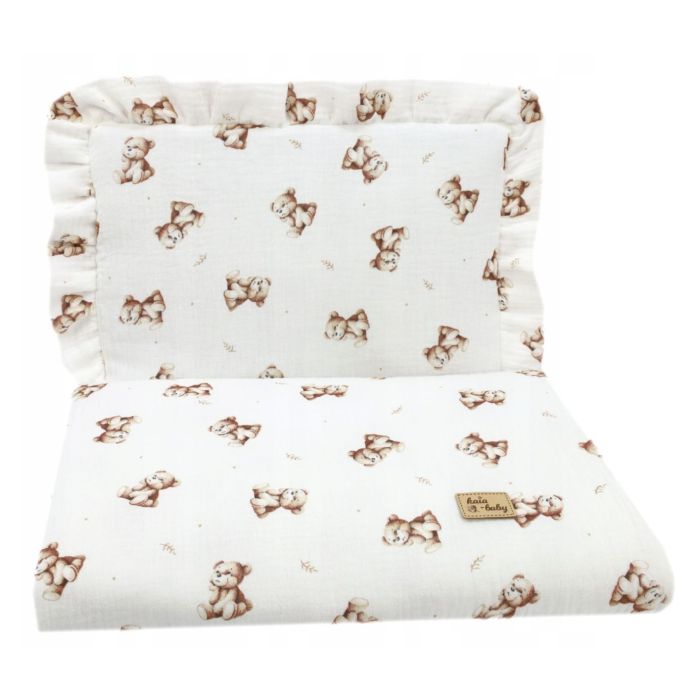 Muslino komplektas kūdikiui "Dreaming bear" pledas 70x80 cm ir pagalvė 35x25 cm 