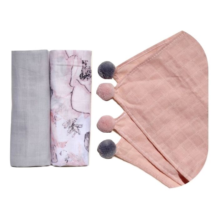 Muslino vystyklų rinkinys kūdikiams su pom-ponais, kutais