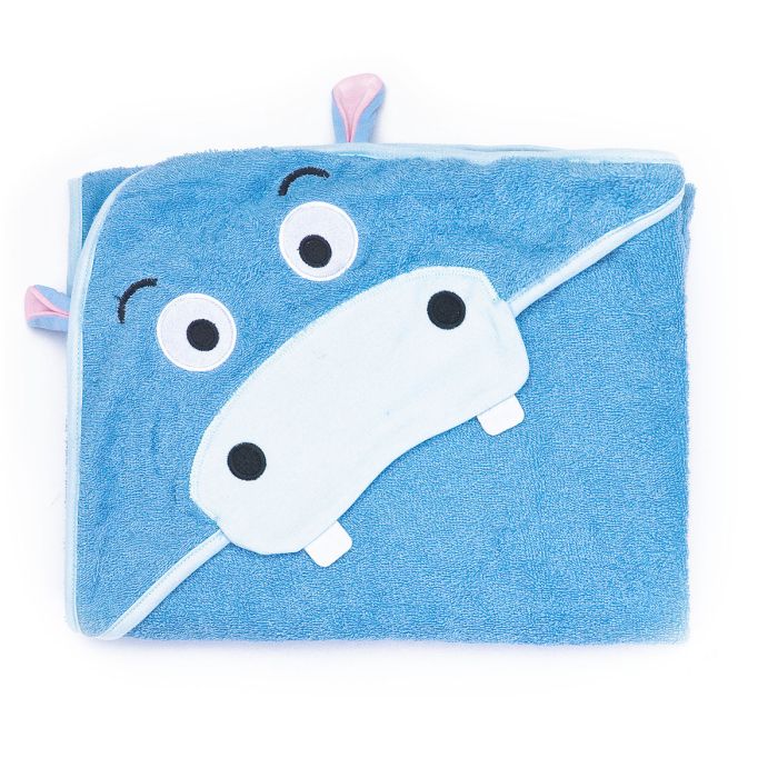 3D Rankšluostis kūdikiui "Hippo" su gobtuvu 100x100cm "frotte" mėlynos sp.
