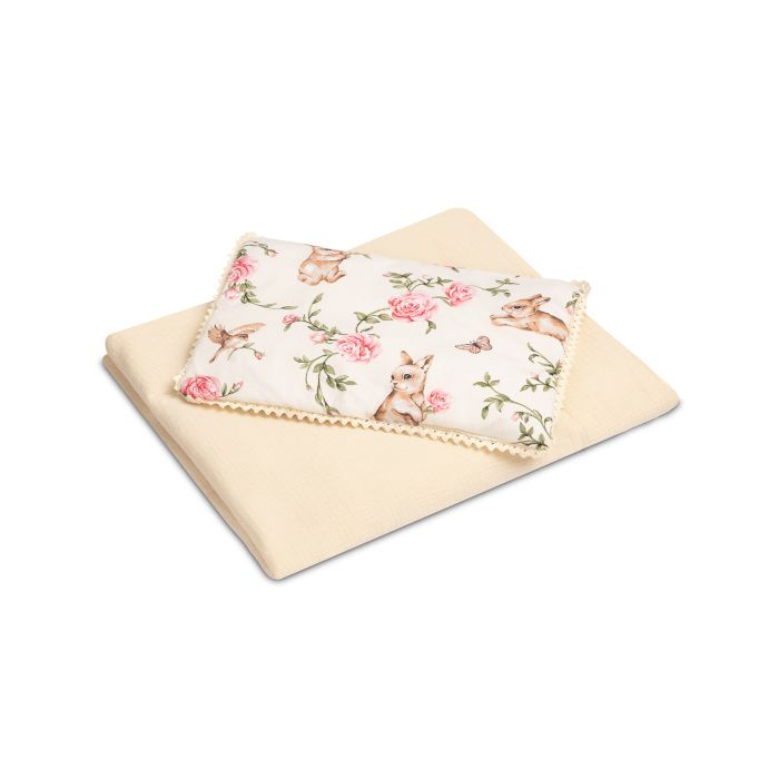 Muslino ir medvilnės pledukas ir pagalvė kūdikiui  "Alise" ecru