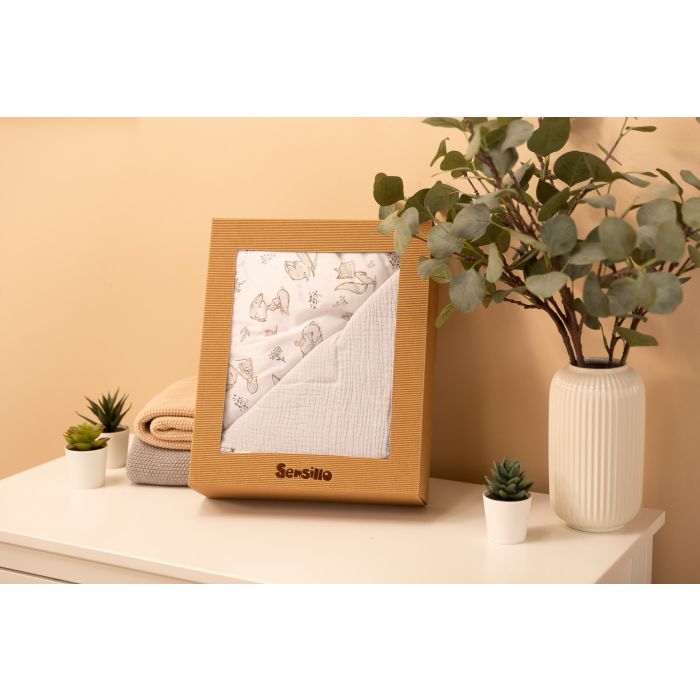 Muslino ir medvilnės pledukas ir pagalvė kūdikiui  "Foxy" pilkas