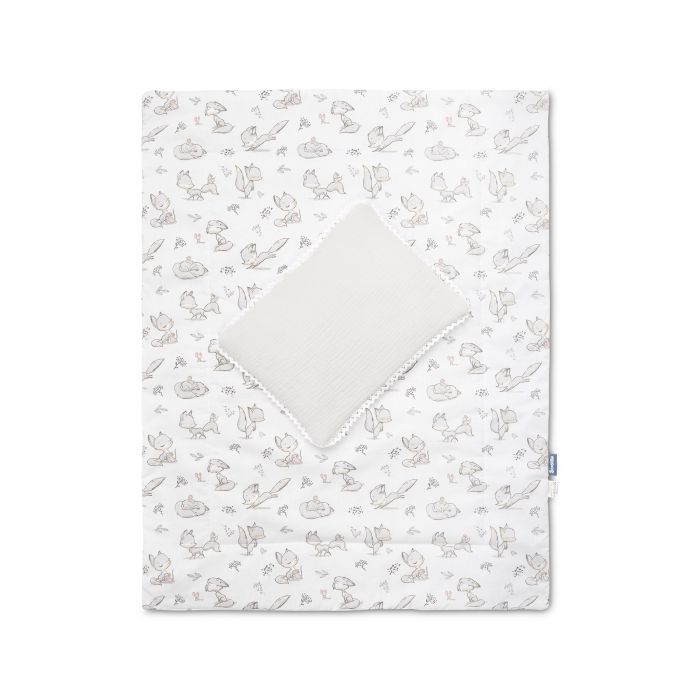 Muslino ir medvilnės pledukas ir pagalvė kūdikiui  "Foxy" pilkas