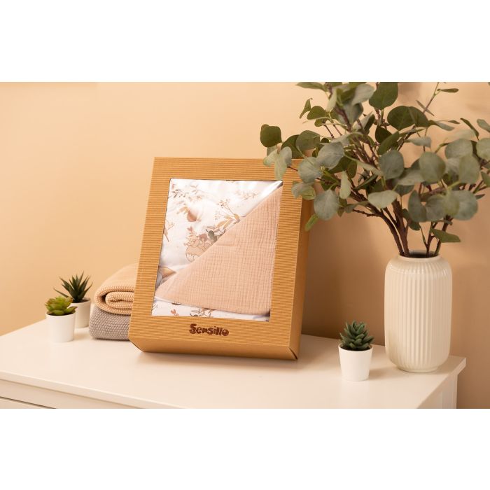 Muslino ir medvilnės pledukas ir pagalvė kūdikiui  "Wolf" beige