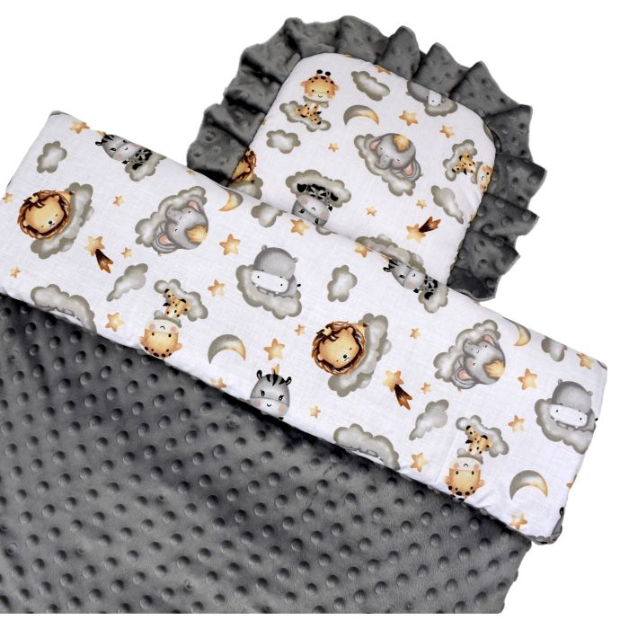 Komplektas vežimėliui "Keep dreaming" su pilku minky 