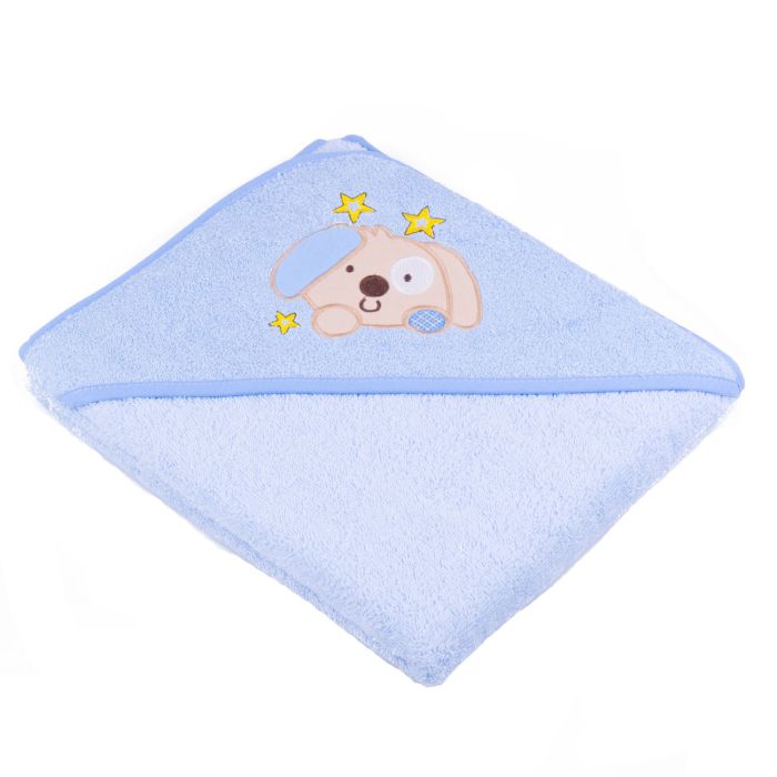 Rankšluostis kūdikiui "Animals" su gobtuvu 80x80cm "frotte" mėlynos sp.