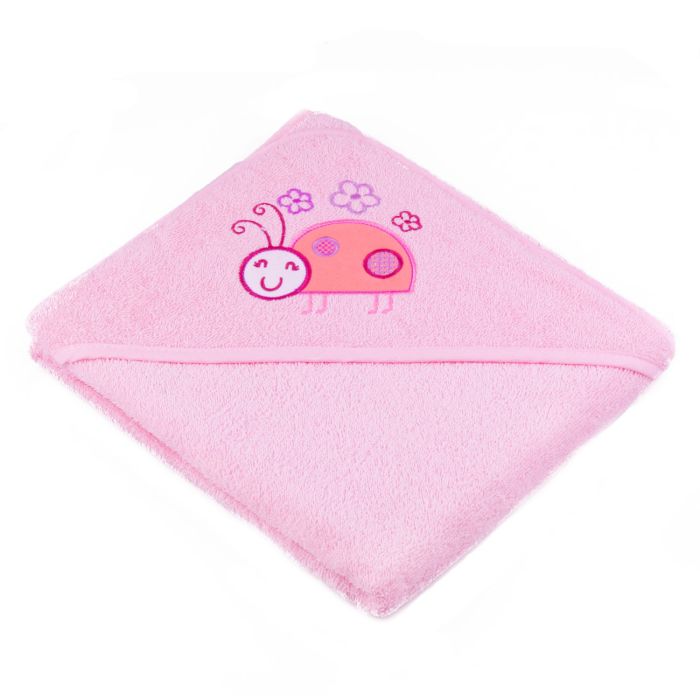 Rankšluostis kūdikiui "Animals" su gobtuvu 80x80cm "frotte" rožinės sp.