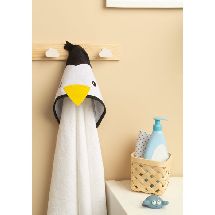 3D Rankšluostis kūdikiui "Pinguin" su gobtuvu 100x100cm "frotte" baltos sp.