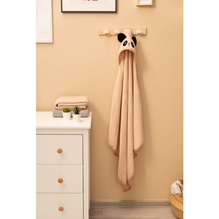 Rankšluostis kūdikiui "PANDA" su gobtuvu 90X90 cm "frotte" smėlio spalvos