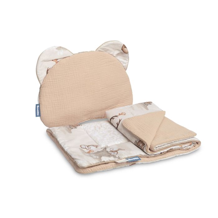 Muslino komplektas kūdikiui "Soul friends" pledas 56x76 cm ir pagalvė 38x28 cm smėlio spalvos