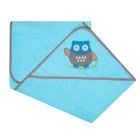 Rankšluostis kūdikiui "Happy owl" su gobtuvu 80x80cm "frotte" melsvos spalvos